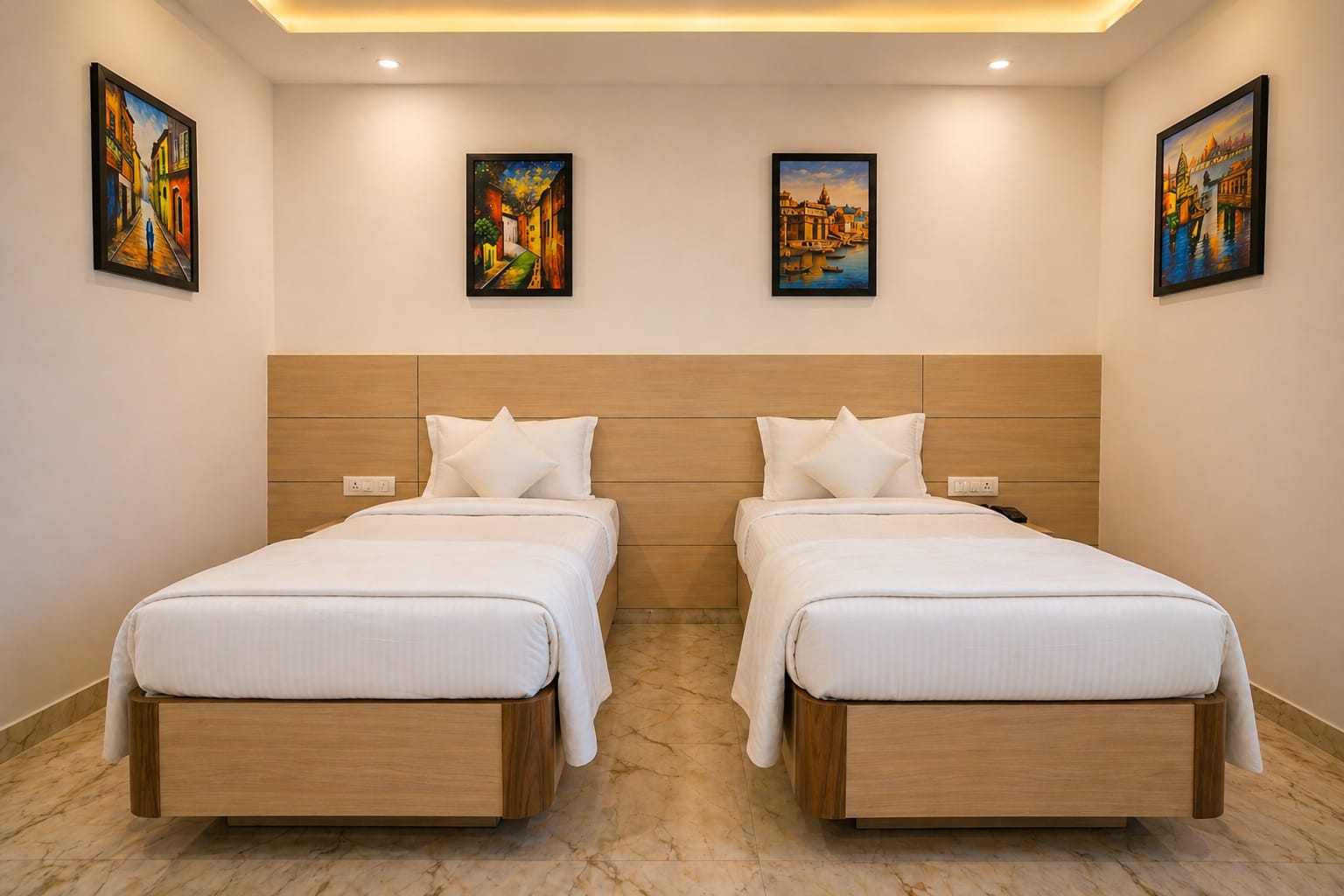 Rooms A bright, modern hotel room featuring two twin beds with white linens, a light wood headboard, and four colorful framed landscape paintings on the walls.